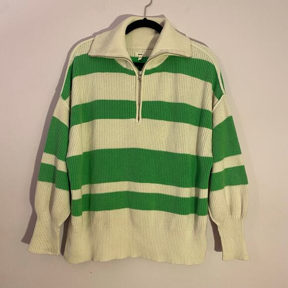 NWOT Aerie Green White Stripe Quarter Zip Pullover Sweater Cotton Women Small - Picture 2 of 10